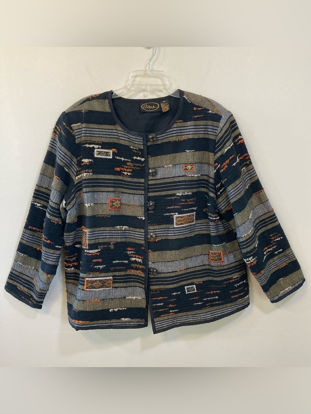Alex Kim Womens Sz 1X Striped Patchwork Embroidered Lined Jacket Black Gold